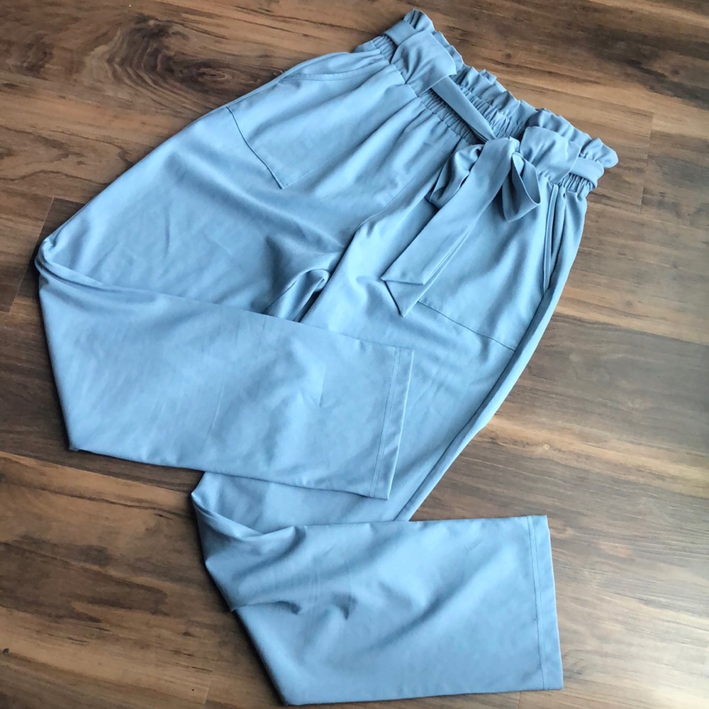 Light Blue Paper Bag Tie Pants